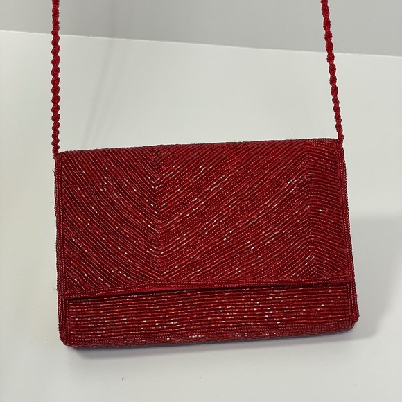 Vintage La Regale Red Beaded Chevron Clutch Evening Bag Crossbody Handmade